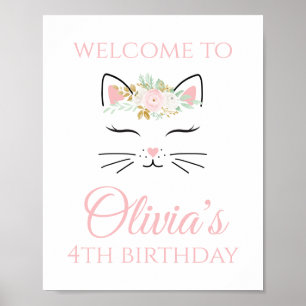 Verjaardags welkomstbord kitten bloem gezicht poster