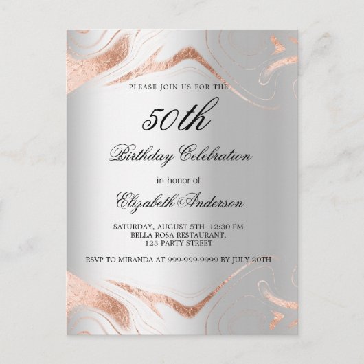Verjaardags zilver roos gouden marmer elegant uitnodiging briefkaart (Voorkant)