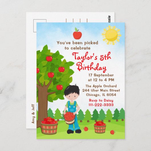 Verjaardags-zwart-harige-jongen-appels-plukken-pos Briefkaart (Voorkant / Achterkant)