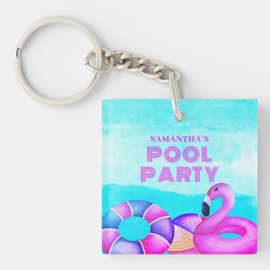 Verjaardags Zwembad Party Roze Flamingo Acryl Sleu Sleutelhanger (voorkant)
