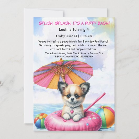 Verjaardags Zwembadfeest Uitnodiging Puppy Splash (Voorkant)