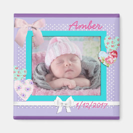 Verjaardagsaankondiging babyfoto paars en aqua magneet