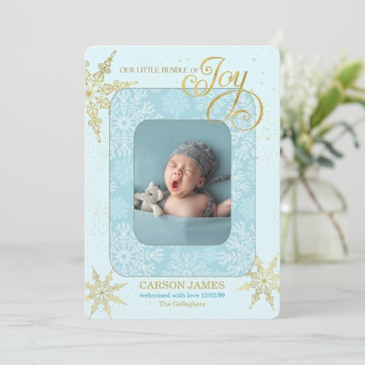 Verjaardagsaankondiging Het is een jongen Blauw Fo Feestdagenkaart (Staand voorkant)