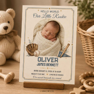 Verjaardagsaankondiging voor baby in vintage honkb kaart