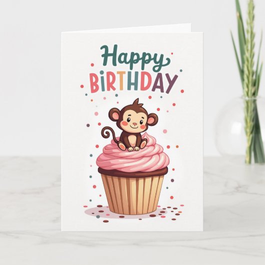 Verjaardagsaapje Cupcake Kaart (Voorkant)