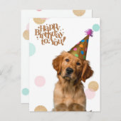 Verjaardagsansichtkaart met puppy in feesthoed briefkaart (Voorkant / Achterkant)