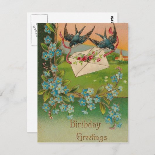 Verjaardagsansichtkaart met vogels en bloemen briefkaart (Voorkant / Achterkant)