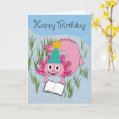 Verjaardagsaxolotl met feesthoed kaart (Gele Bloem)