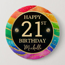 Verjaardagsbadge met regenboog agaat en gouden gli ronde button 4,0 cm