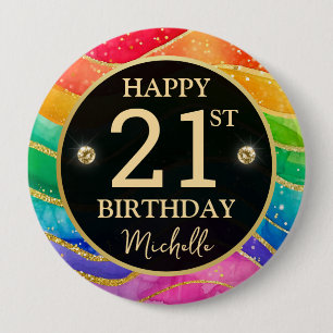 Verjaardagsbadge met regenboog agaat en gouden gli ronde button 4,0 cm
