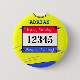 Verjaardagsbadge voor een hardloper (geel) ronde button 5,7 cm