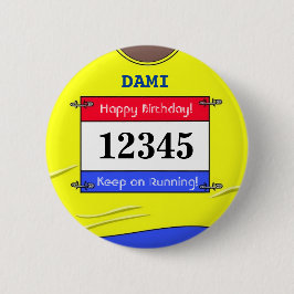 Verjaardagsbadge voor een hardloper (geel) ronde button 5,7 cm
