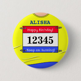 Verjaardagsbadge voor een hardloper (geel) ronde button 5,7 cm