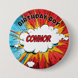 Verjaardagsbadge voor jongens superheld personalis ronde button 7,6 cm