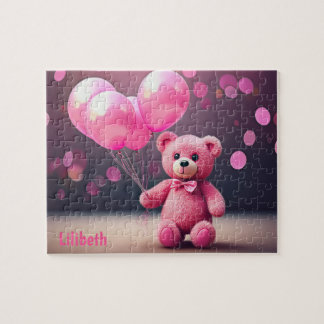 Verjaardagsballonbeer in roze gepersonaliseerd legpuzzel