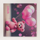 Verjaardagsballonbeer in roze gepersonaliseerd legpuzzel (Horizontaal)