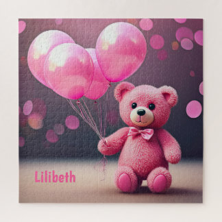 Verjaardagsballonbeer in roze gepersonaliseerd legpuzzel