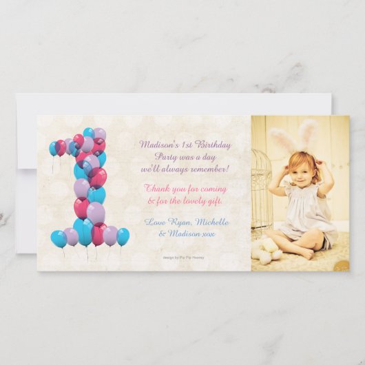Verjaardagsballonnen bedankkaart foto voor een bab (Voorkant)
