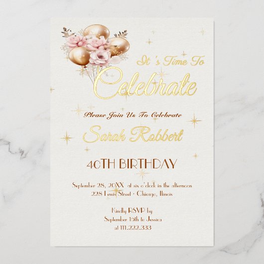 Verjaardagsballonnen echt goud folie uitnodiging (Voorkant)