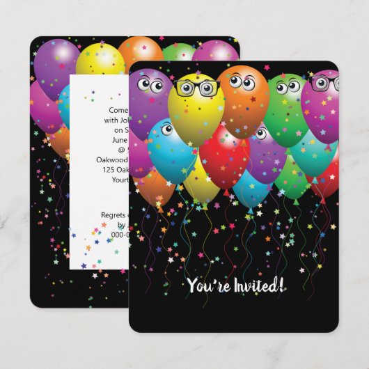 Verjaardagsballonnen en oogbollen Feest Uitnodigin Kaart (Voorkant / Achterkant)