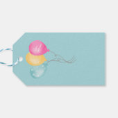 Verjaardagsballonnen en sterren op blauw cadeaulabel (Achterkant Horizontaal)