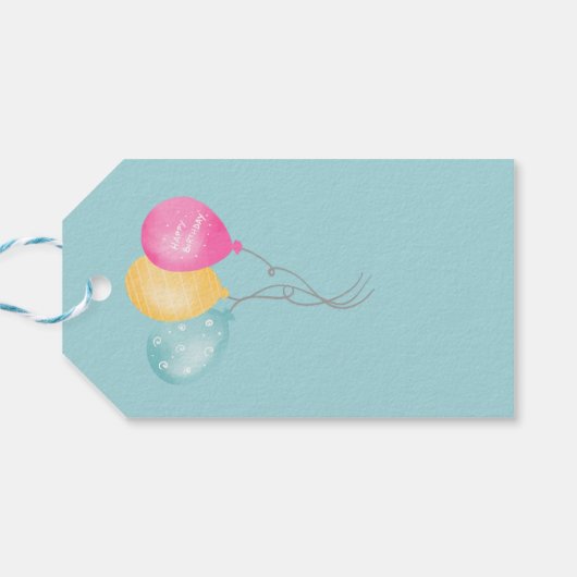 Verjaardagsballonnen en sterren op blauw cadeaulabel (Achterkant Horizontaal)