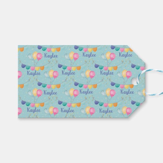 Verjaardagsballonnen en sterren op blauw cadeaulabel (Voorkant (Horizontaal))