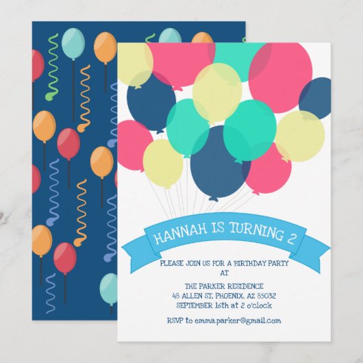 Verjaardagsballonnen Kinderfeest Uitnodiging (Voorkant / Achterkant)