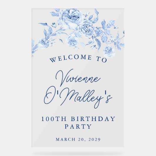 Verjaardagsbanner 100ste Verjaardagsfeest Blauwe B Acryl Bord (Voorkant)