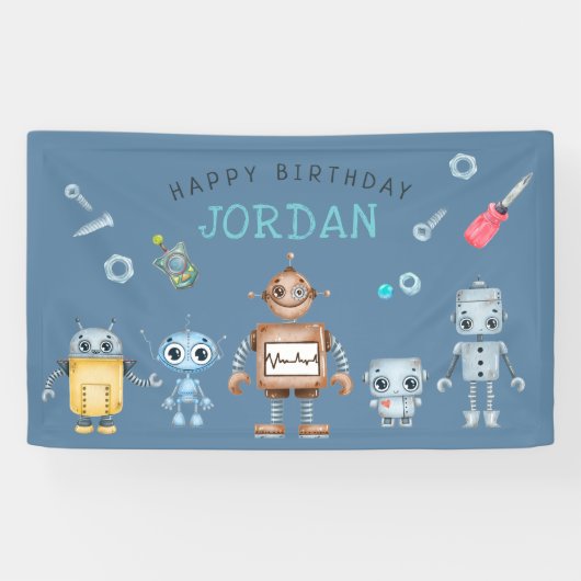 Verjaardagsbanner met leuk robot welkom spandoek (Horizontaal)