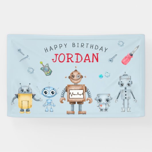 Verjaardagsbanner met leuk robot welkom spandoek (Horizontaal)