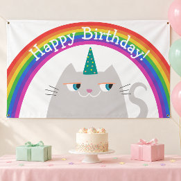 Verjaardagsbanner Mooie Kat Regenboog Spandoek