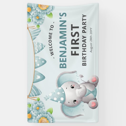 Verjaardagsbanner voor Cute Elephant Boy 1st Spandoek (Verticaal)