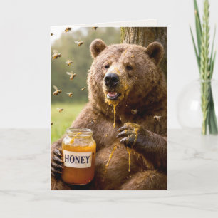 Verjaardagsbeer eet honing uit een pot kaart