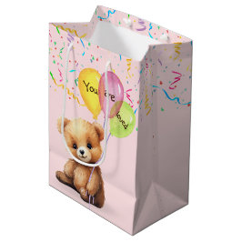Verjaardagsbeer met ballonnen en confetti medium cadeauzakje