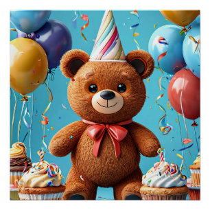 Verjaardagsbeer met cake en ballonnen perfect poster