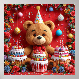 Verjaardagsbeer met cake en ballonnen voor kindere poster