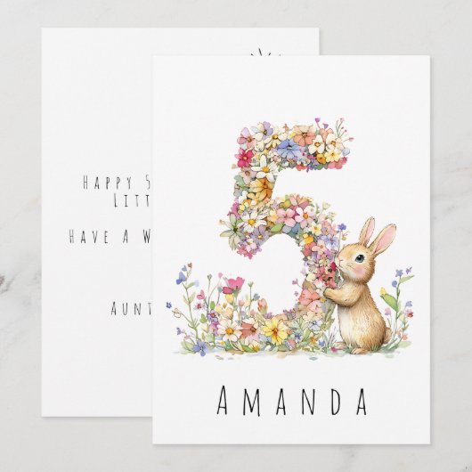 Verjaardagsbloemen 5 & Konijnkaart Vijfde Verjaard Kaart (Voorkant / Achterkant)