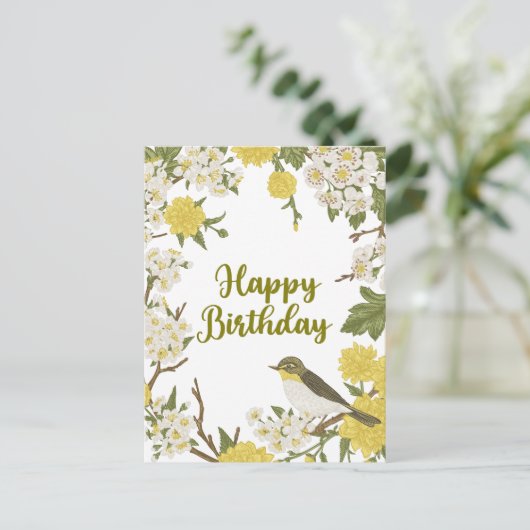 Verjaardagsbloemen en vogel natuur botanisch  briefkaart (Staand voorkant)