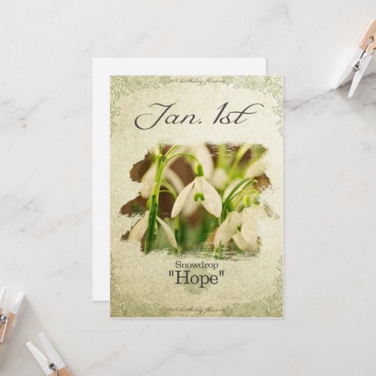 Verjaardagsbloemen op 1 januari "Snowdrop" Kaart (Voorkant / Achterkant in situ)