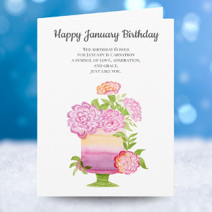 Verjaardagsbloemen van januari Anjers op cake Kaart