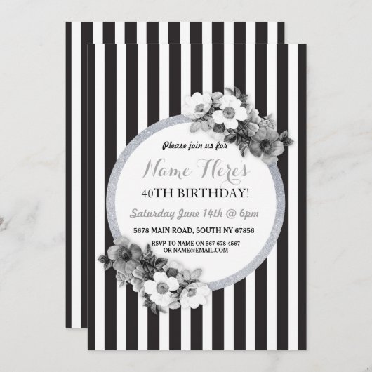 Verjaardagsbloemen Zwart Wit Zilveren Streep Uitno Kaart (Voorkant / Achterkant)