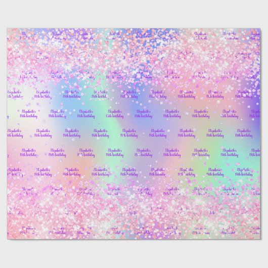 Verjaardagsblozen roze glitters paarse holografisc cadeaupapier (Vlak)