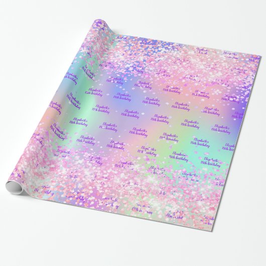 Verjaardagsblozen roze glitters paarse holografisc cadeaupapier (Uitgerold)