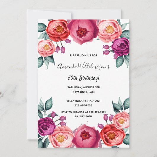 Verjaardagsblozen roze paarse roos gouden bloem kaart (Voorkant)