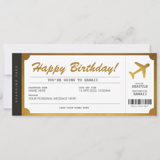 Verjaardagsboardingpass Vliegtuig Gouden Ticket Kaart (Voorkant)