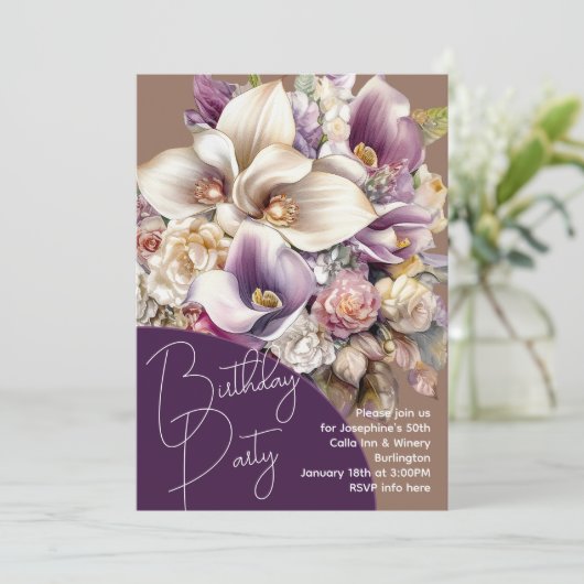 Verjaardagsboeket met Calla's Feest Uitnodiging (Staand voorkant)