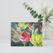 Verjaardagsboeket: roze en gele anjers briefkaart (Staand voorkant)