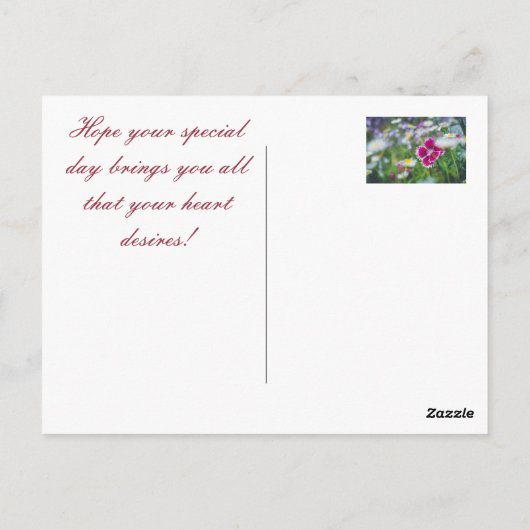 Verjaardagsboeket: roze en gele anjers briefkaart (Achterkant)