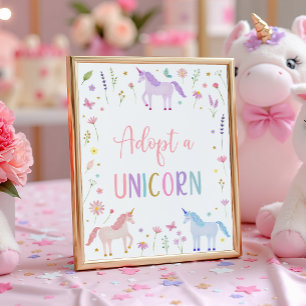 Verjaardagsbord 'Adopt A Unicorn' met bloemen Poster